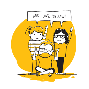 Wordnerds graphic illustration of three people declaring their love for yellow - bringing your customers voices together