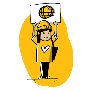 Wordnerds website doodle of eco-warrior - character wearing a yellow t-shirt with a heart, holding up a banner with an image of the world on it 