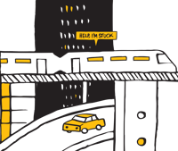 Wordnerds city scape illustration. Train moving through city with text bubble reading 