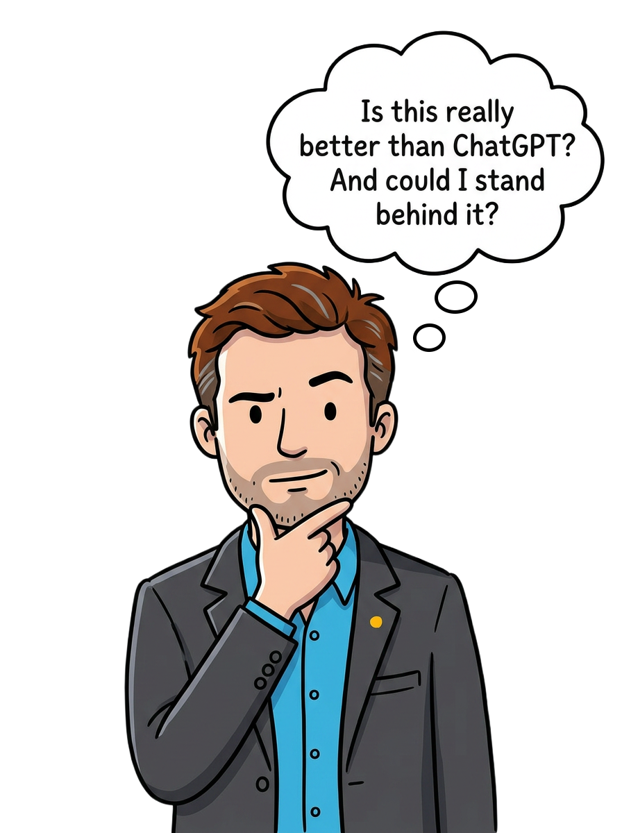 Illustration of a strategic insight manager pausing in thought, a thought bubble above him asking whether this method is really better than using ChatGPT—and whether he could stand behind it