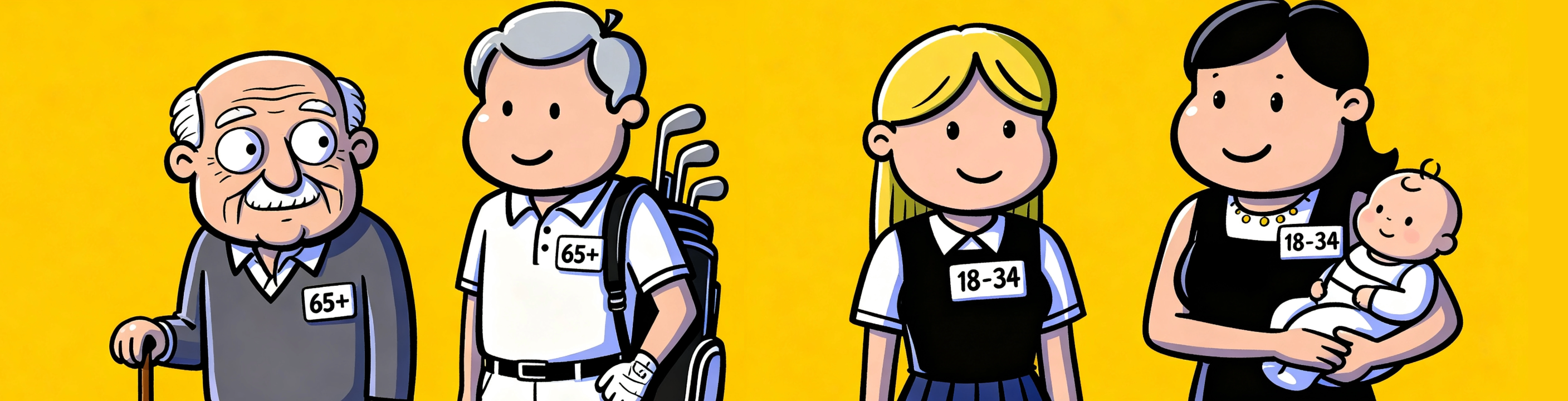 Cartoon customers tagged with age bands — 65+, 18–34 — illustrating demographic segmentation